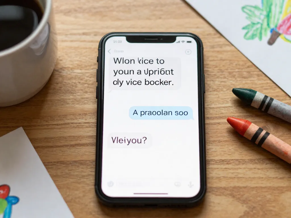 Phone showing a structured three-line co-parenting message format on a kitchen table
