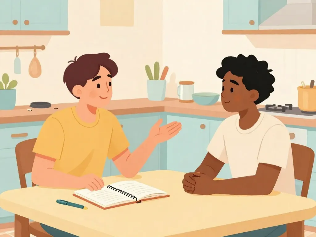 Two roommates sitting at a kitchen table having a collaborative conversation about cleaning responsibilities