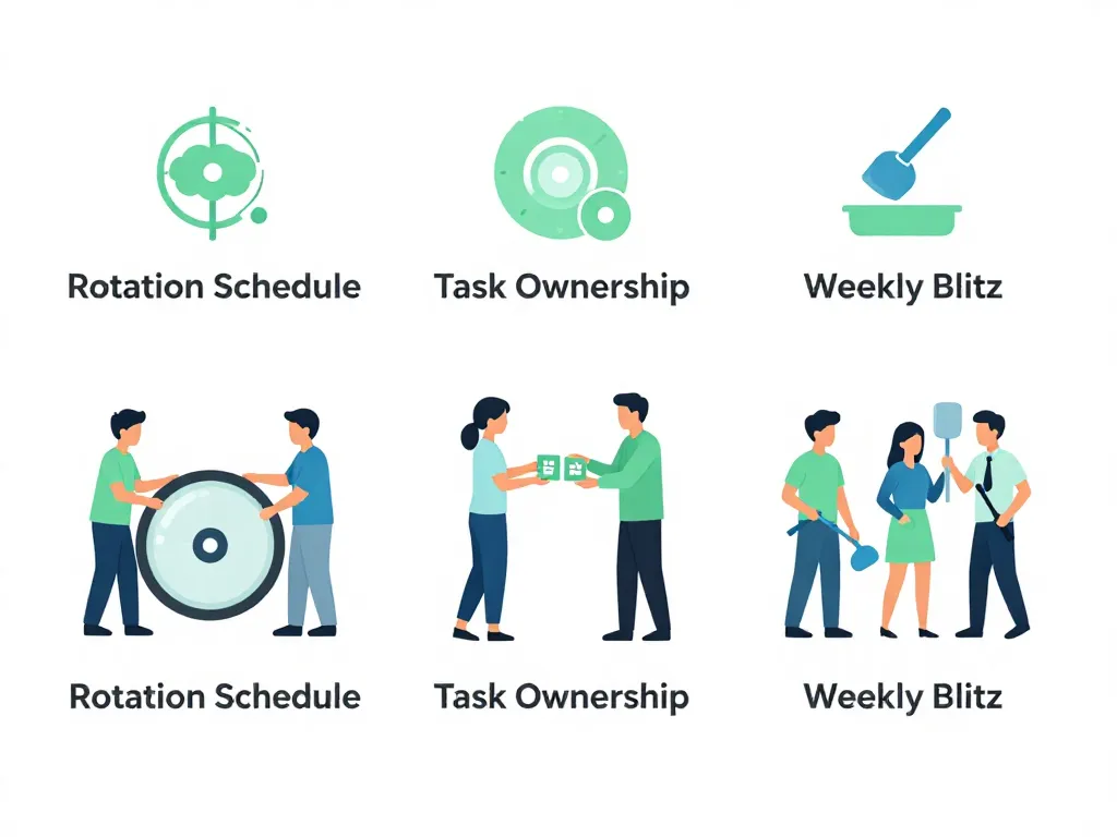 Illustration comparing three cleaning systems: rotation schedule, task ownership, and weekly blitz