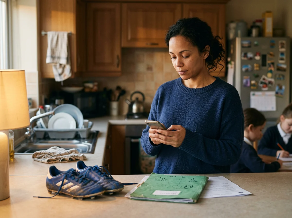 A parent composing a written message about a co-parenting decision at a kitchen counter in the evening