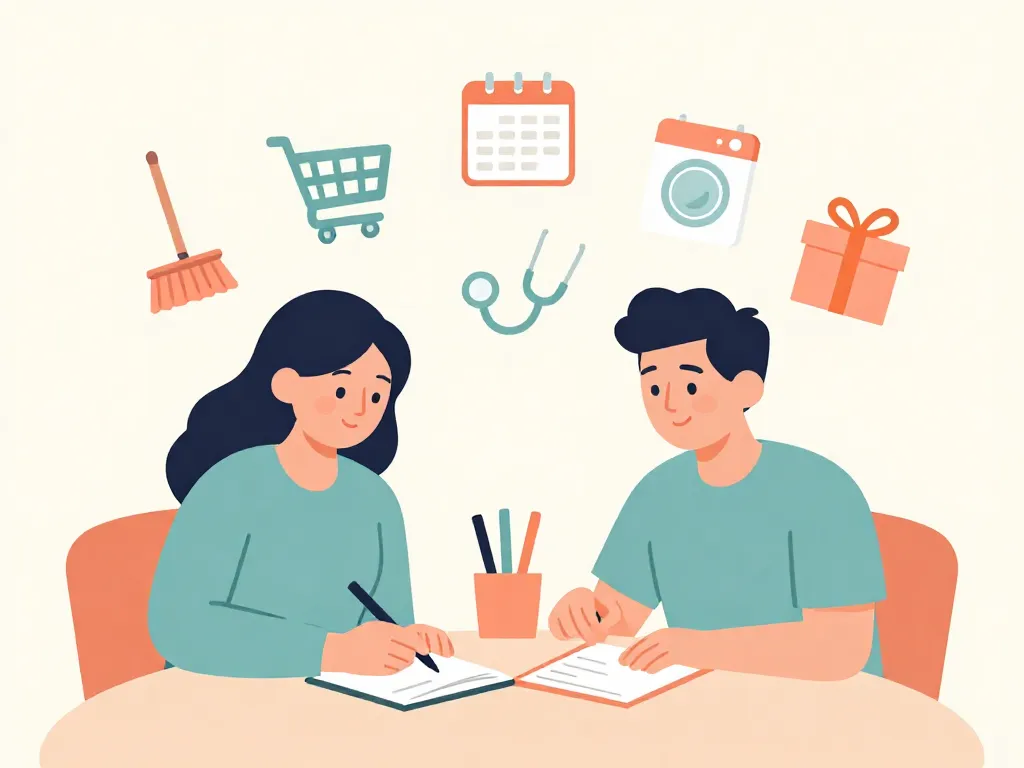 Illustration of a couple sitting together at a table making a household task list, with icons representing various chores floating above them