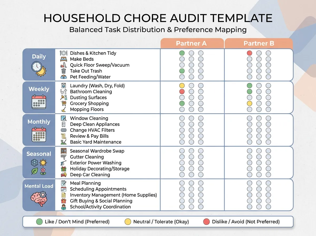 Diagram of a household chore audit template showing task categories divided between two partners with color-coded preference indicators