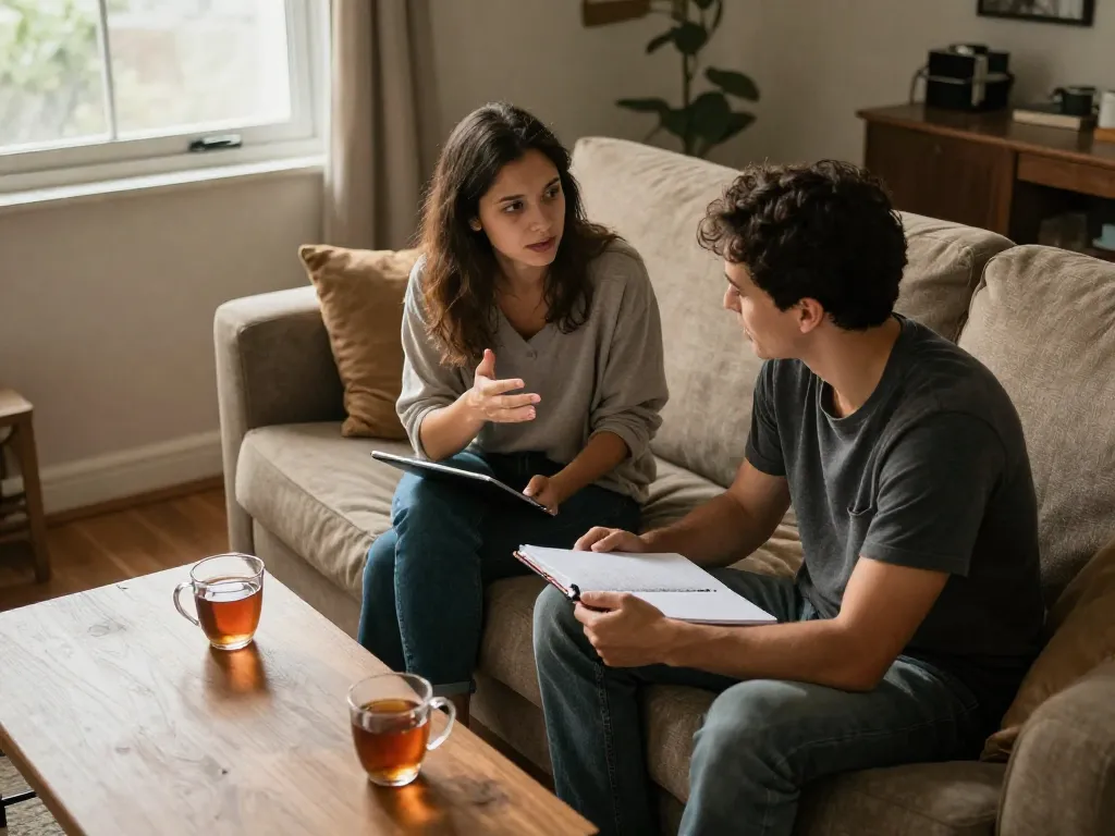 Two partners sitting on a couch having a calm weekly check-in conversation with a notebook and mugs of tea on the coffee table