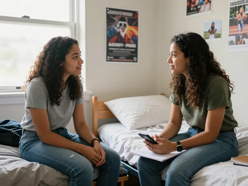 Two college roommates having a calm, friendly conversation in their dorm room during the day