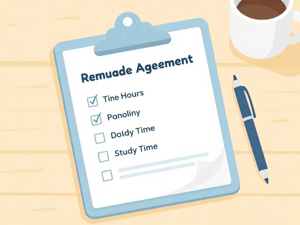 Illustration of a roommate quiet hours agreement checklist on a clipboard with key items like headphone policy and study time