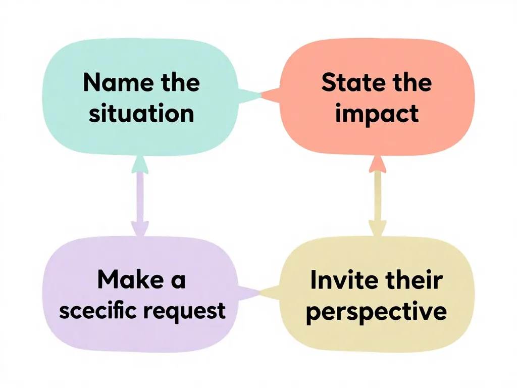 Illustrated four-step boundary script formula: name the situation, state the impact, make a specific request, invite their perspective