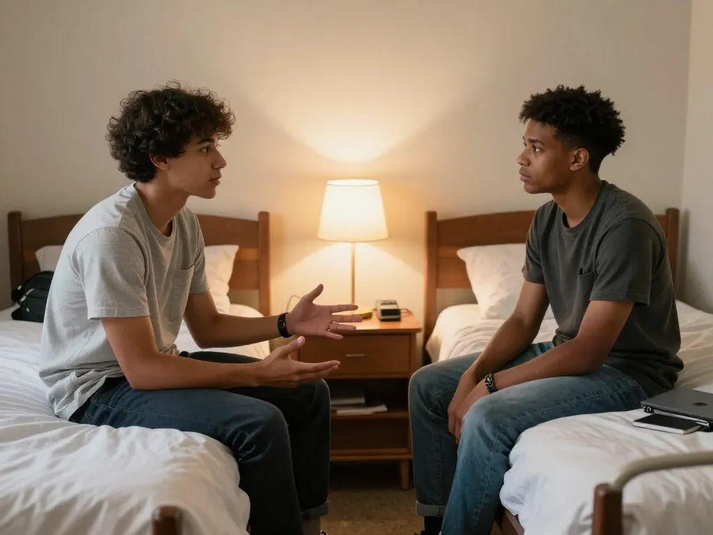 Two college roommates having a calm, open conversation while sitting on their dorm room beds