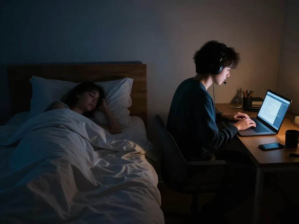 A dorm room at night showing one roommate sleeping peacefully while the other works quietly with headphones on