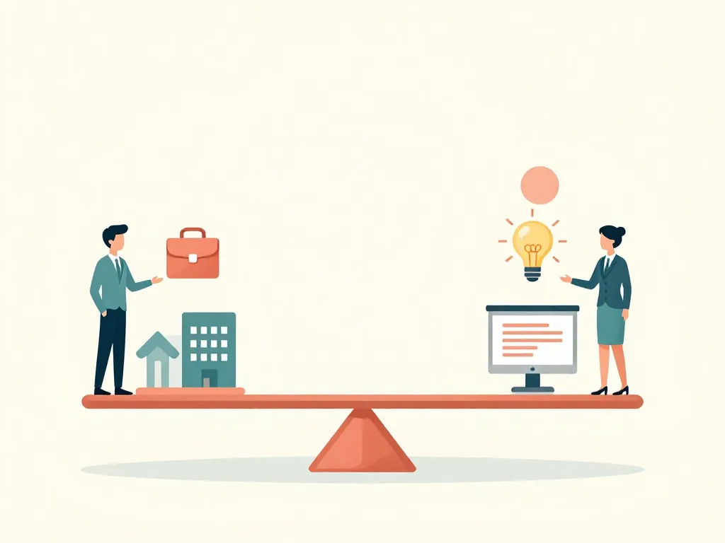 Illustration of two professionals on a balanced scale, each with career-related icons, representing equal weight of both careers in a dual career couple