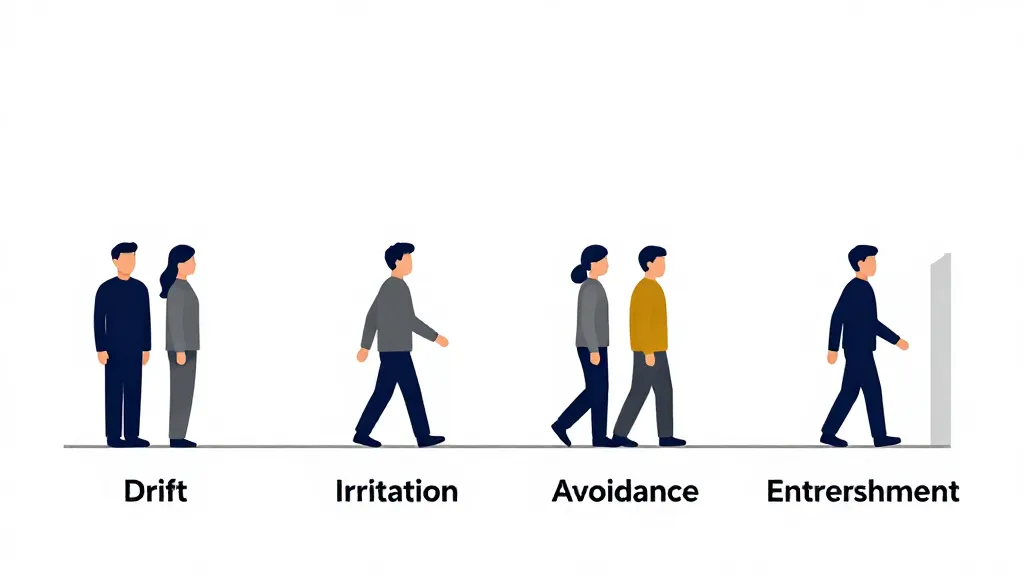 Illustration showing four phases of co-founder conflict escalation from drift to entrenchment