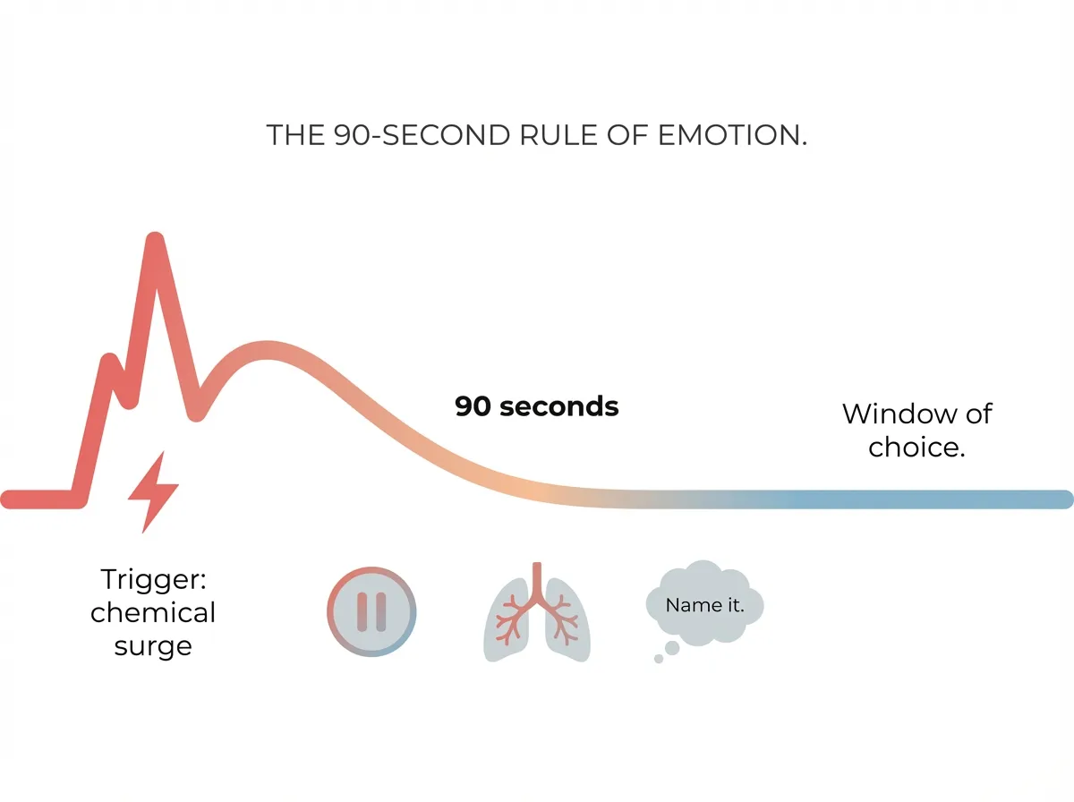 Infographic showing the 90-second emotional wave from trigger to calm, with icons for pausing, breathing, and naming the emotion
