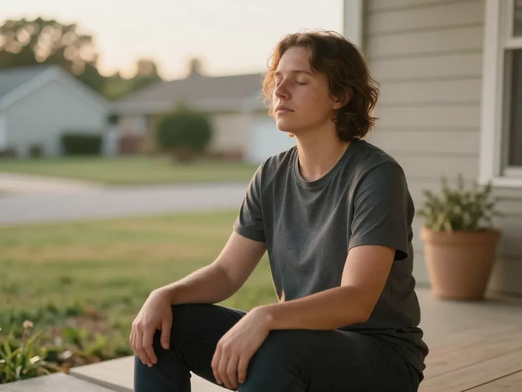 A person sitting calmly on a porch step with eyes closed, practicing a breathing exercise before a co-parenting interaction