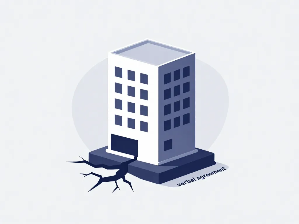Illustration of a startup building with a cracked foundation labeled verbal agreement, representing the risk of undocumented equity splits