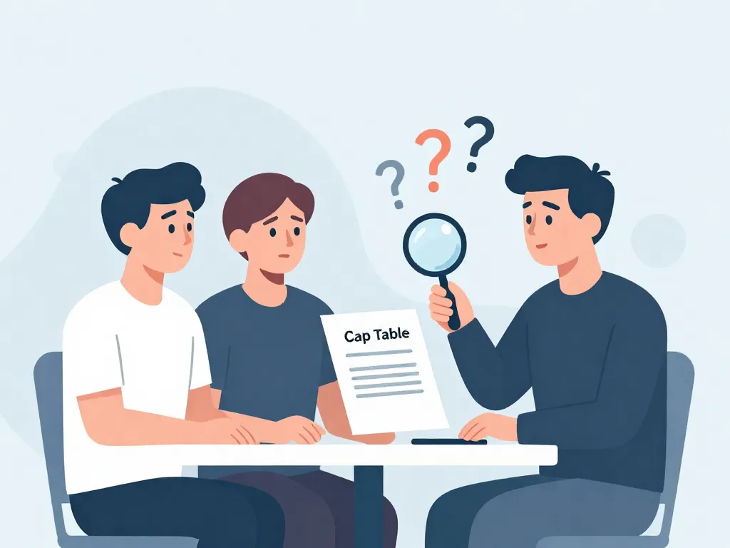 Illustration of an investor reviewing a startup cap table with cofounders looking uncertain, representing external pressure revealing equity disagreements