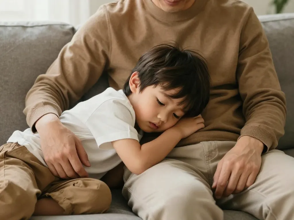 A parent and young child sitting together on a couch in a warm embrace, representing emotional safety and connection during coparenting challenges