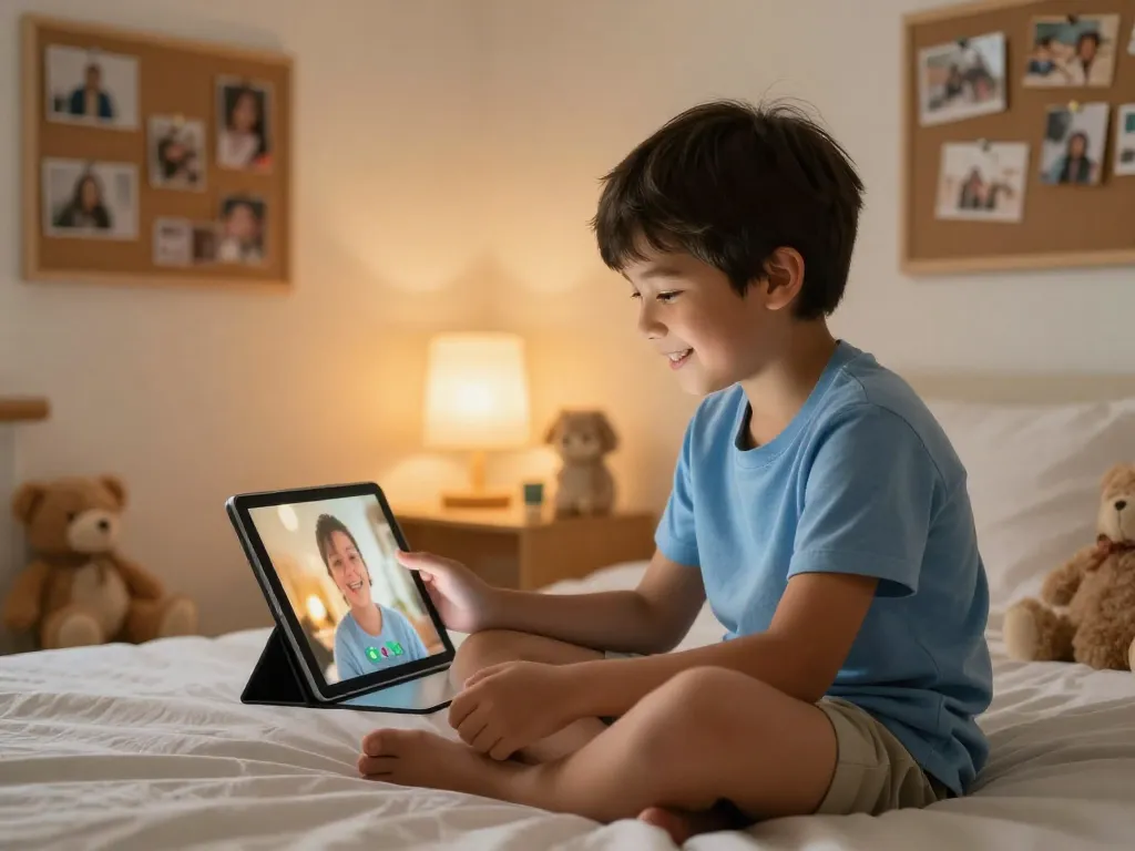 A child sitting on their bed smiling during a video call with their long-distance parent, postcards and photos on the wall behind them