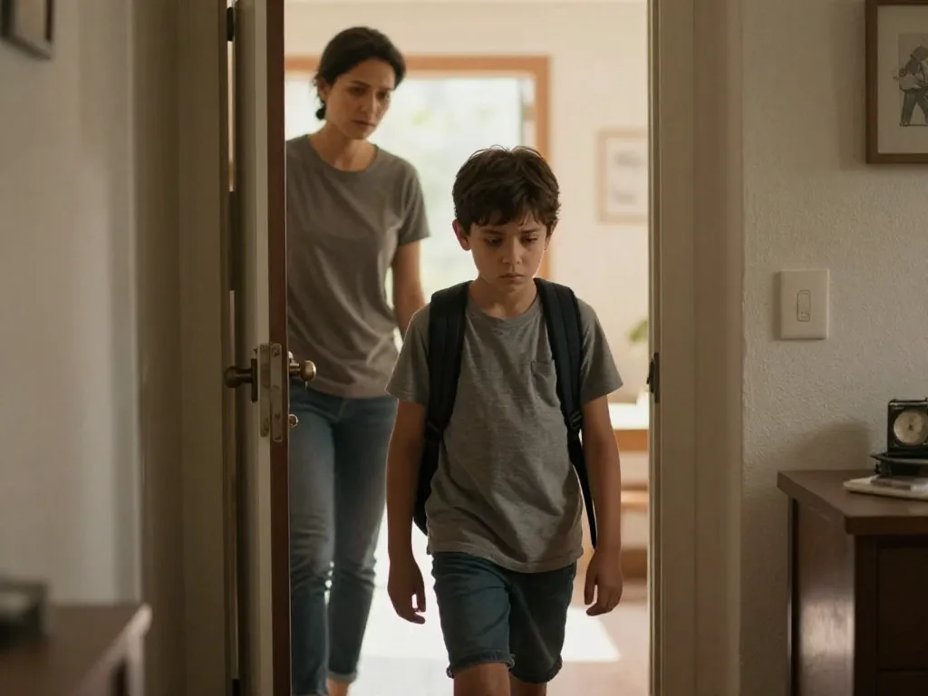 A child arriving home with a backpack, looking thoughtful, while a parent watches from the doorway with concern