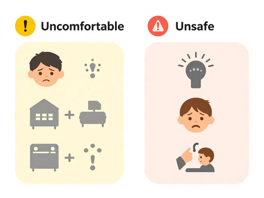 An illustration comparing uncomfortable situations versus unsafe situations when a new partner disciplines children, with visual icons for each category