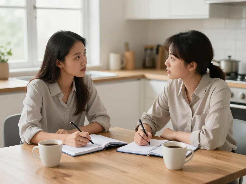Two coparents sitting at a kitchen table having a focused discussion with notebooks, establishing boundaries collaboratively