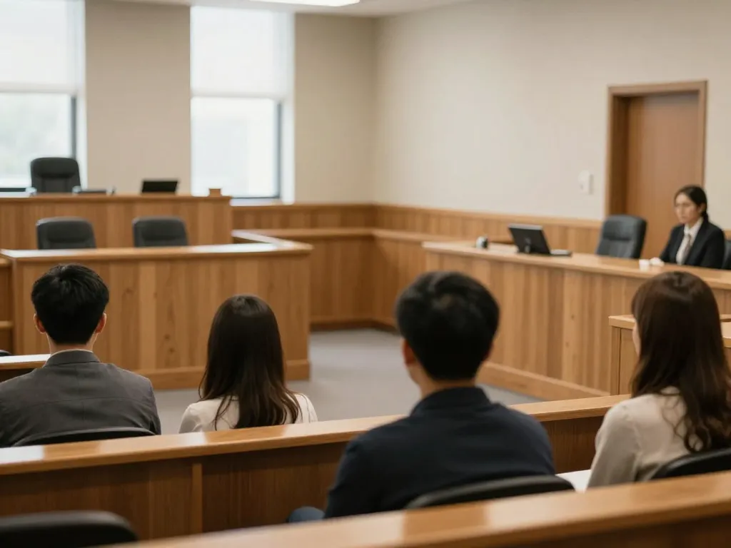 A modern family courtroom viewed from the back row with natural light streaming through high windows