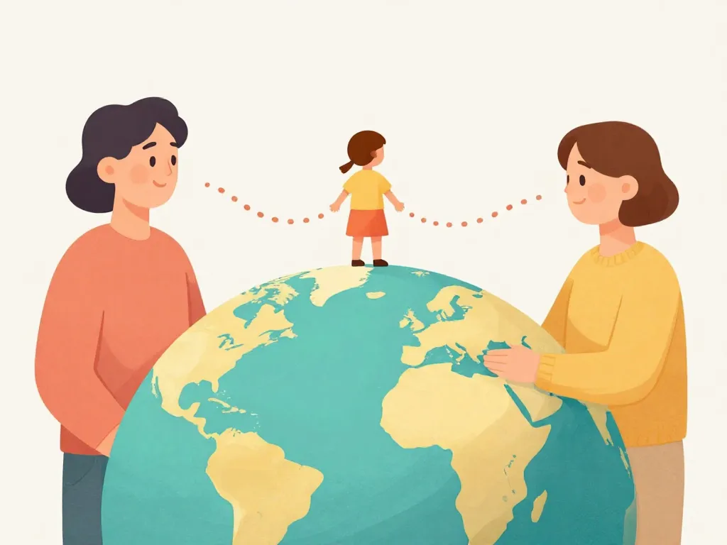 Illustration of two parents on opposite sides of a globe connected by dotted lines to a child standing on top, symbolizing co-parenting across borders