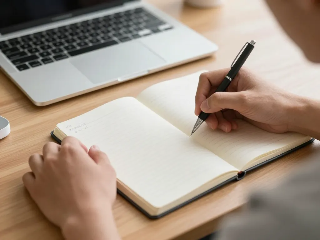 A parent documenting notes and dates in a journal as part of custody record-keeping