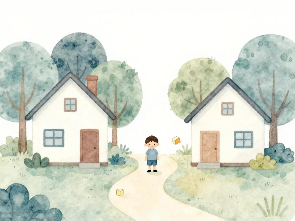 Gentle illustration of a child standing between two houses symbolizing co-parenting and potential relocation