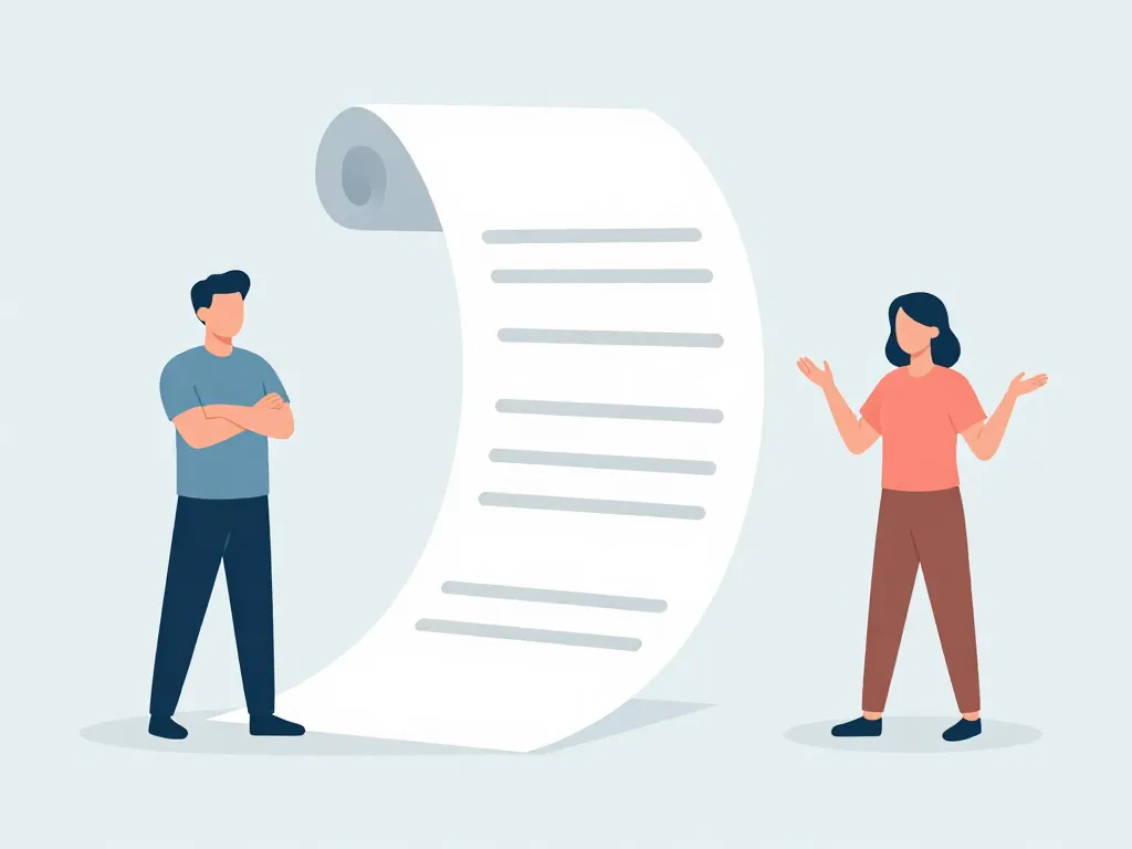 Illustration of two cofounders divided by a long unrolling expense receipt symbolizing financial disagreement