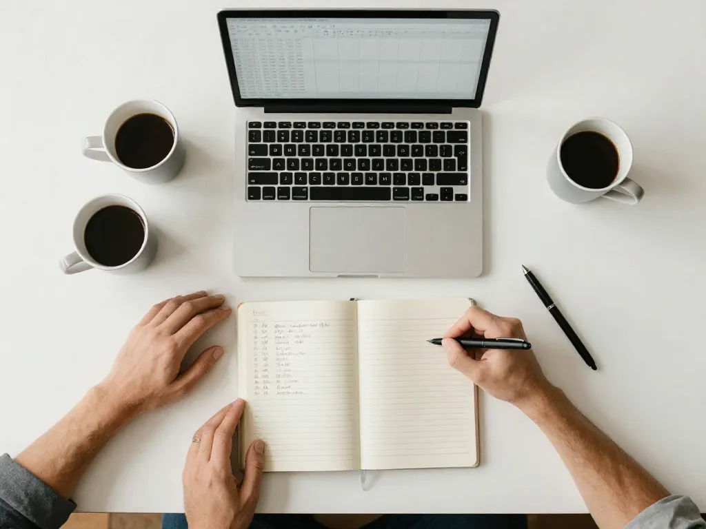Overhead view of a collaborative workspace with budget spreadsheet and notebooks suggesting cofounder financial planning