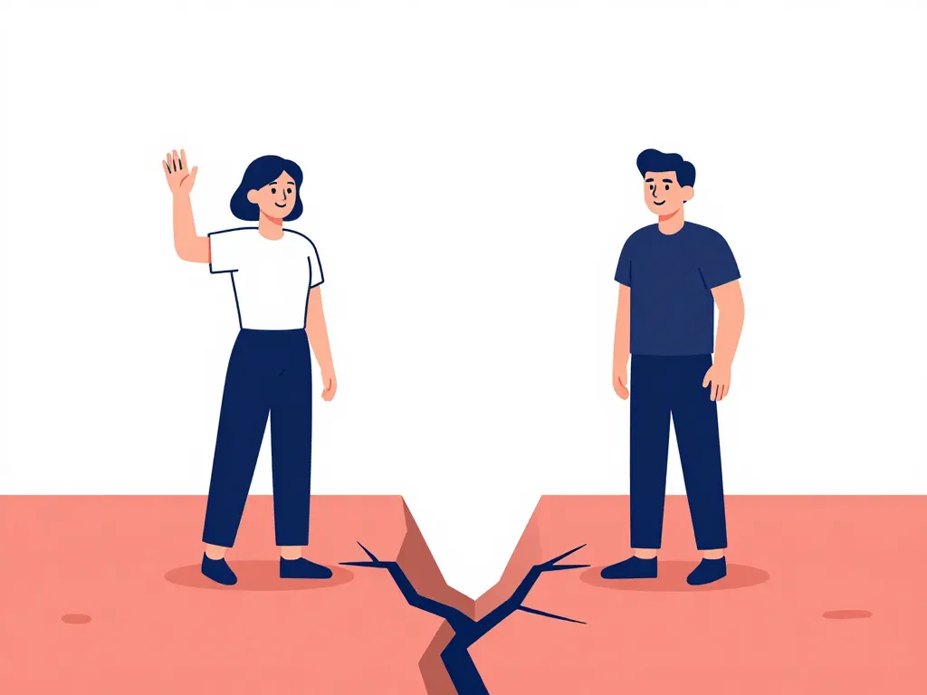 Illustration of two cofounders smiling outward while a crack silently grows between them, representing hidden misalignment