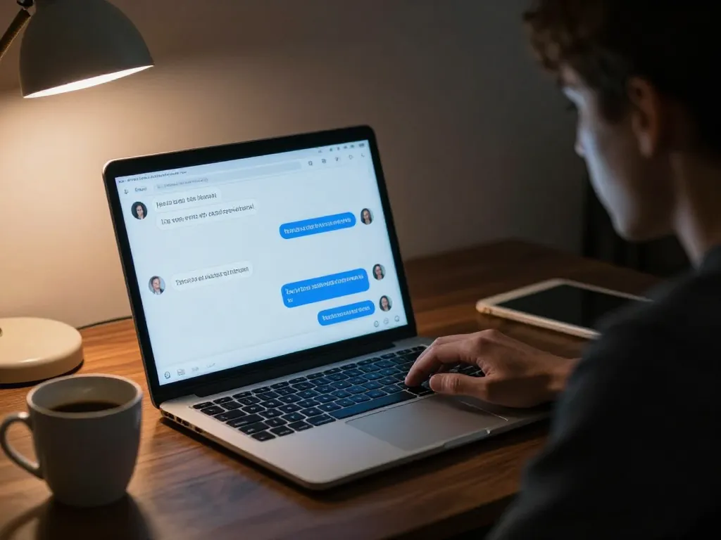 A laptop showing cold, transactional Slack messages between cofounders, representing the silent erosion of communication