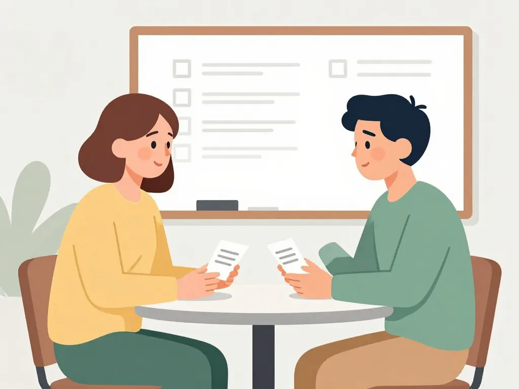 Illustration of two cofounders having a structured honest conversation at a table, representing intentional alignment practices