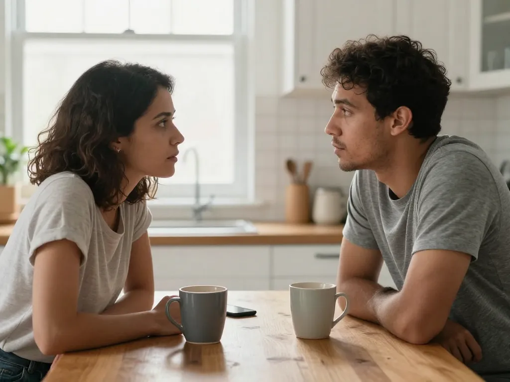 A couple sitting at a kitchen table having a calm, attentive conversation over coffee with morning light streaming in