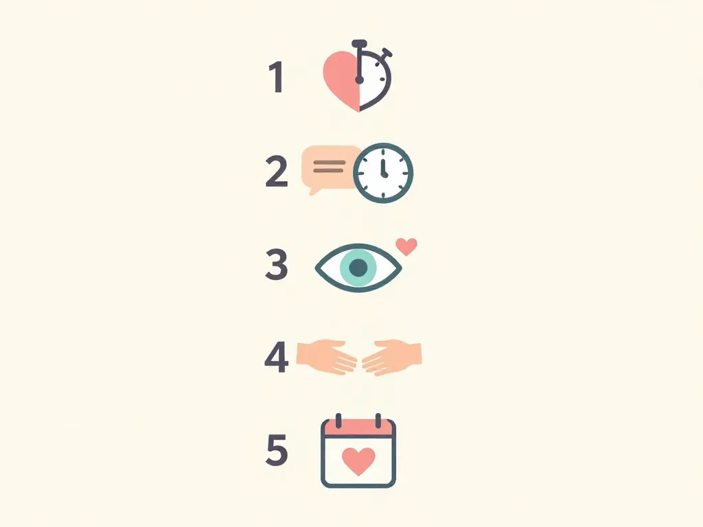 Illustrated icons representing five daily connection rituals for couples: a 6-second kiss, a 10-minute check-in, noticing your partner, turning toward bids, and a weekly relationship conversation