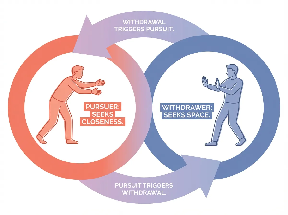 Diagram illustrating the pursue-withdraw cycle, showing how one partner's pursuit of closeness triggers the other's withdrawal in a repeating loop