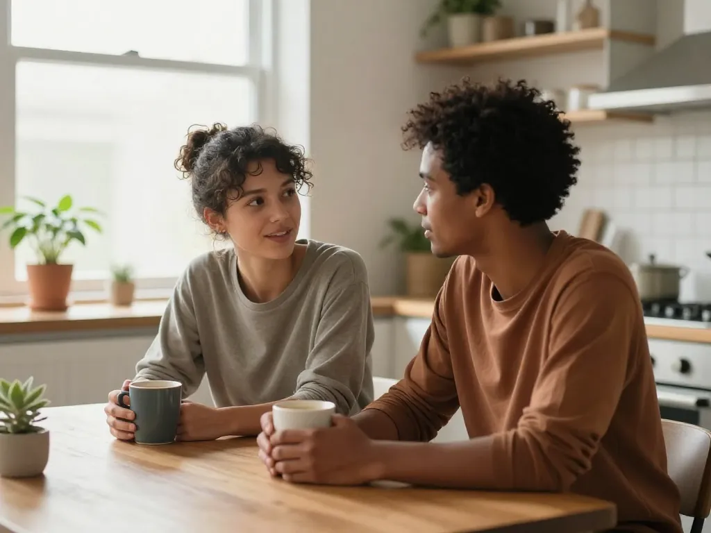 A couple having a calm, connected conversation over coffee at their kitchen table, demonstrating healthy communication