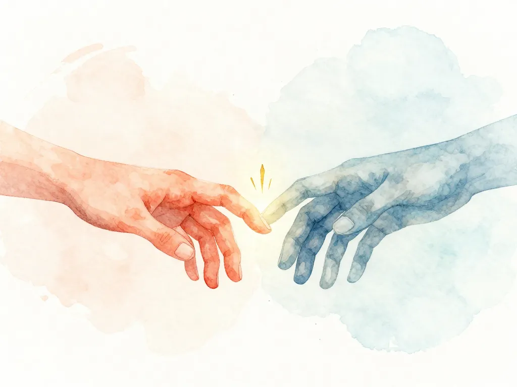 Watercolor illustration of two hands reaching toward each other, symbolizing emotional repair and reconnection between partners