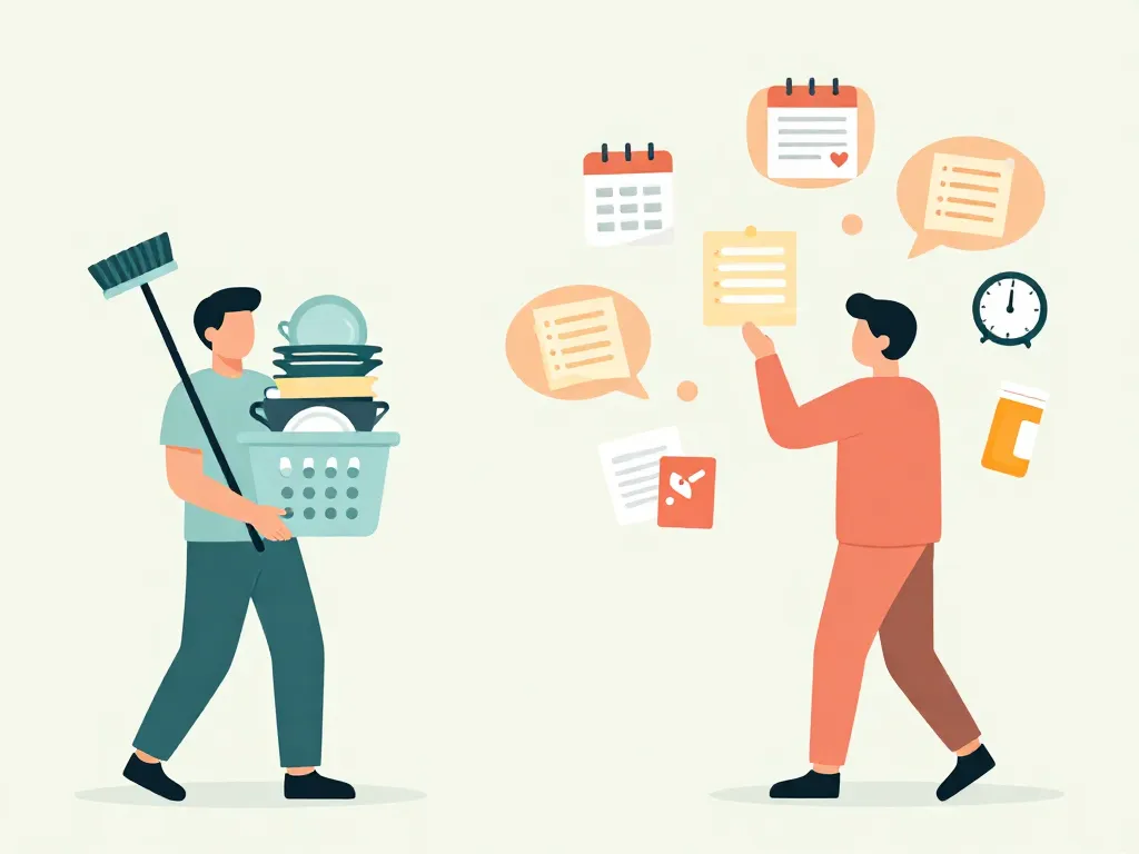 Illustration comparing visible chores on one side to the overwhelming invisible mental load tasks shown as floating thought bubbles on the other