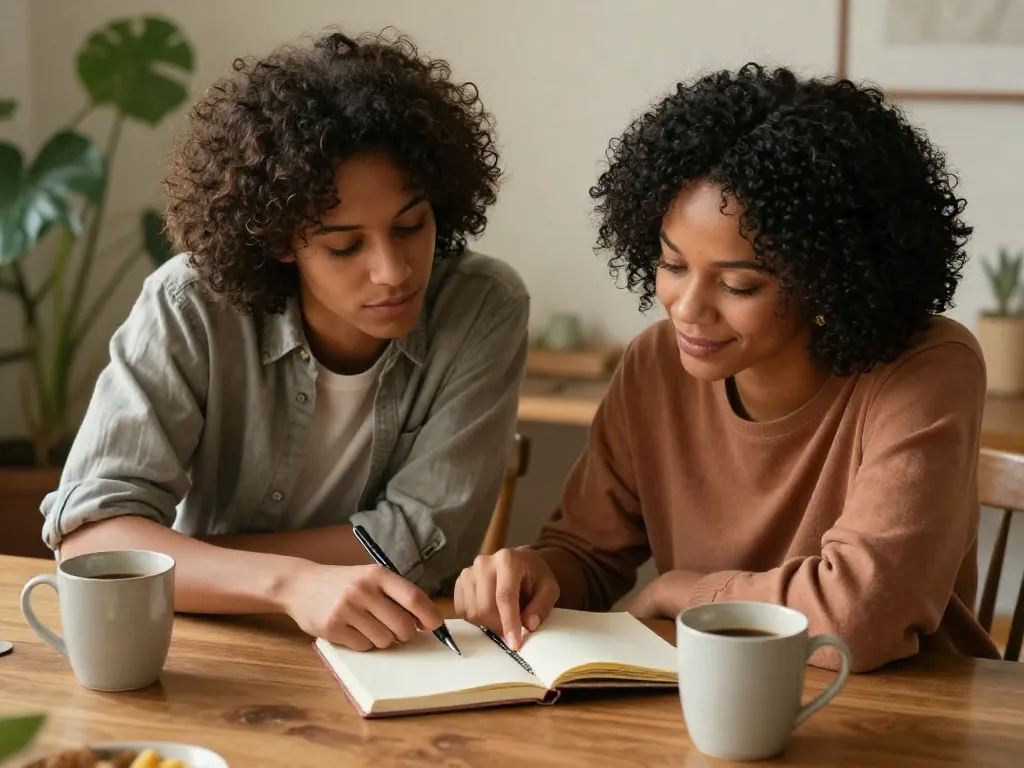A couple sitting together at a table collaborating over a shared notebook during a household planning session