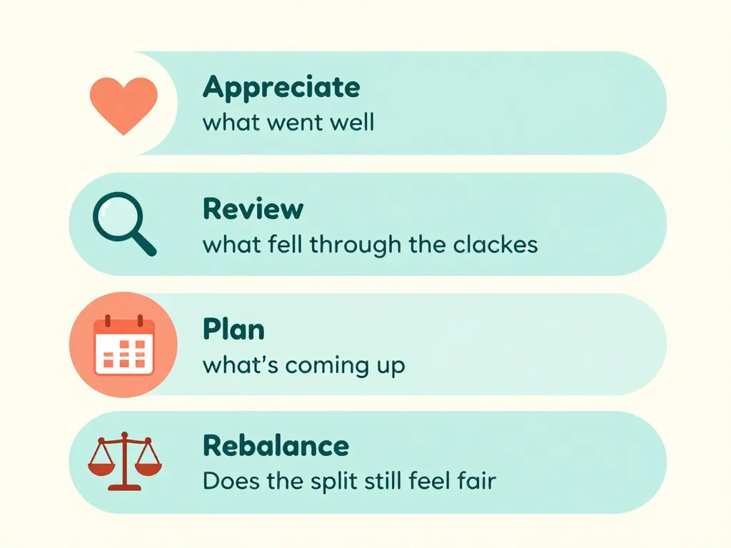 Illustrated framework for a weekly household check-in with four steps: Appreciate, Review, Plan, and Rebalance
