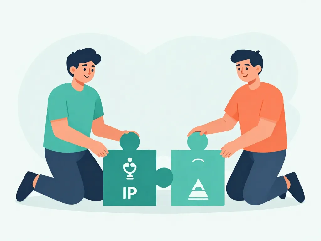 Illustration of two cofounders building a startup foundation together with agreement building blocks
