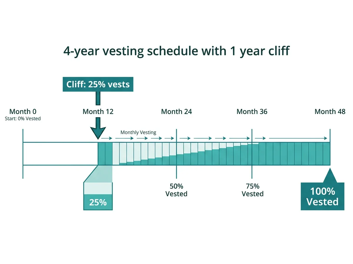 Diagram showing a standard 4-year vesting schedule with a 1-year cliff for cofounder equity