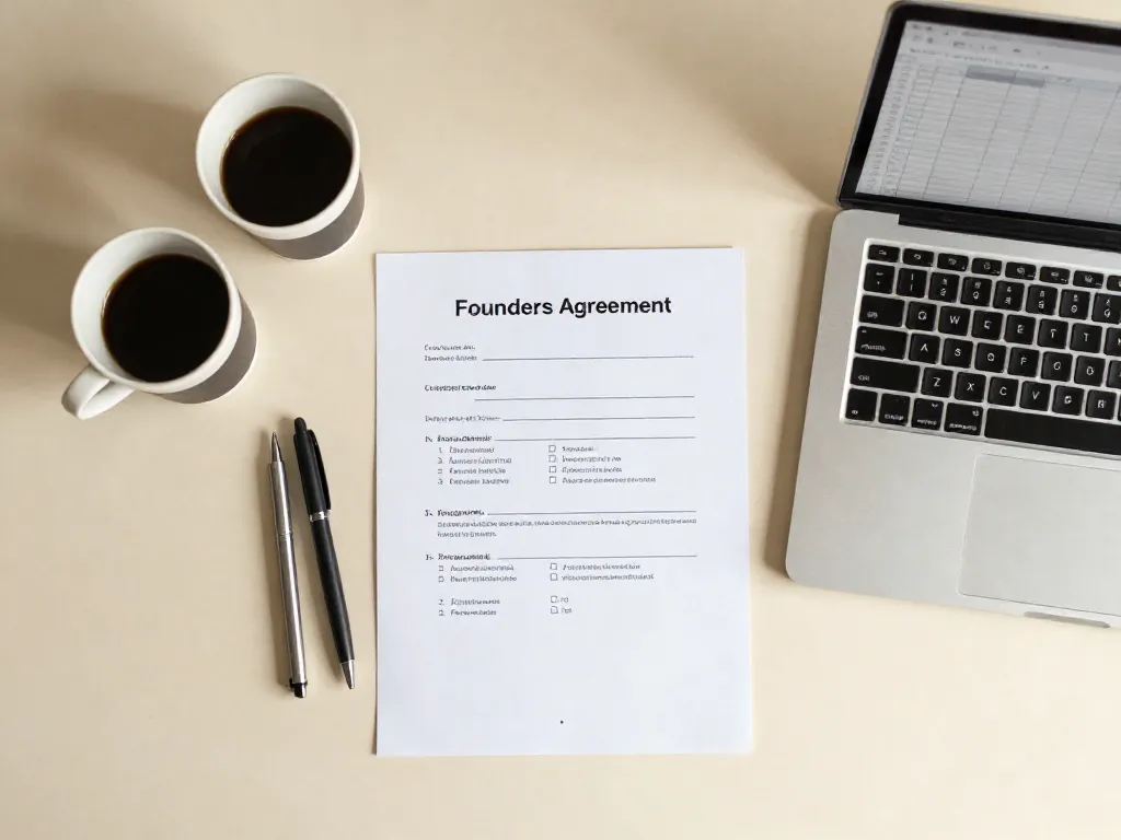 Overhead view of a founders agreement document on a desk with pens and coffee cups ready for signing