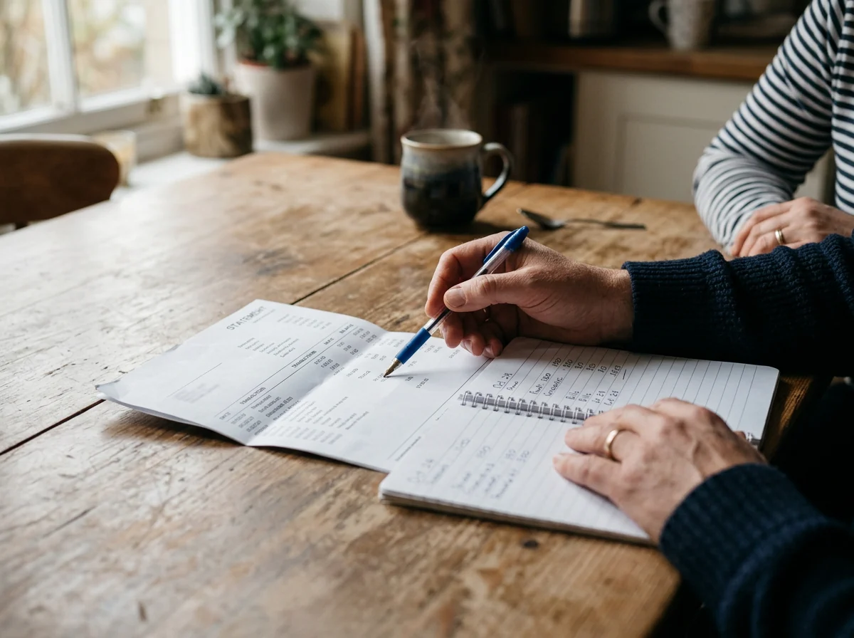 Hands with a notebook, pen and bank statement on a kitchen table