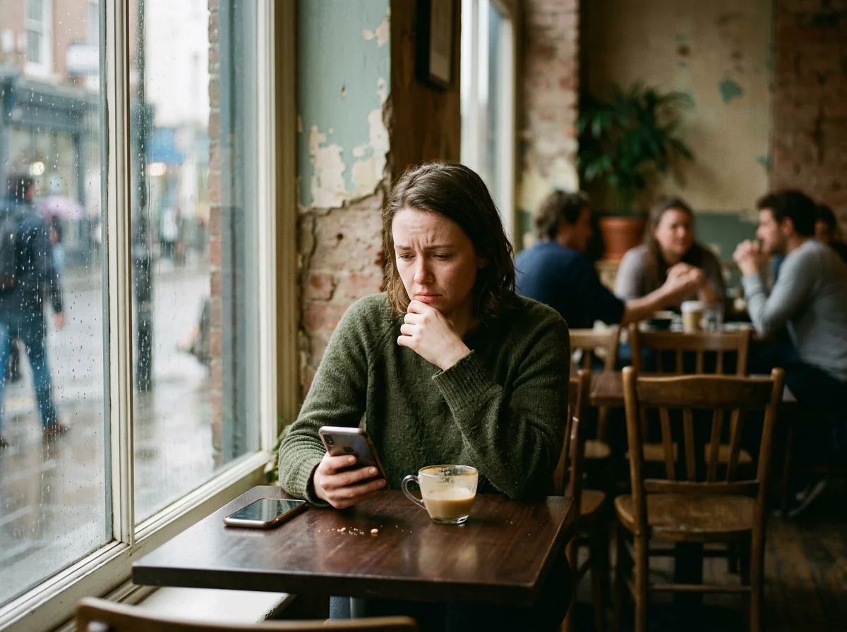A person sitting alone at a cafe table looking at their phone with a troubled expression