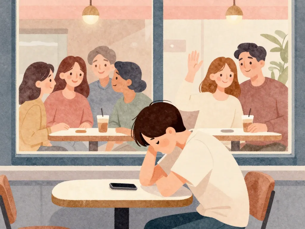 Illustration of a person sitting alone at a cafe, contemplating, with reflections of friends on one side and their partner on the other