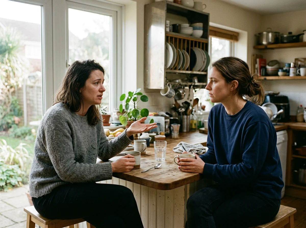 Two friends having an honest conversation over coffee at a kitchen counter