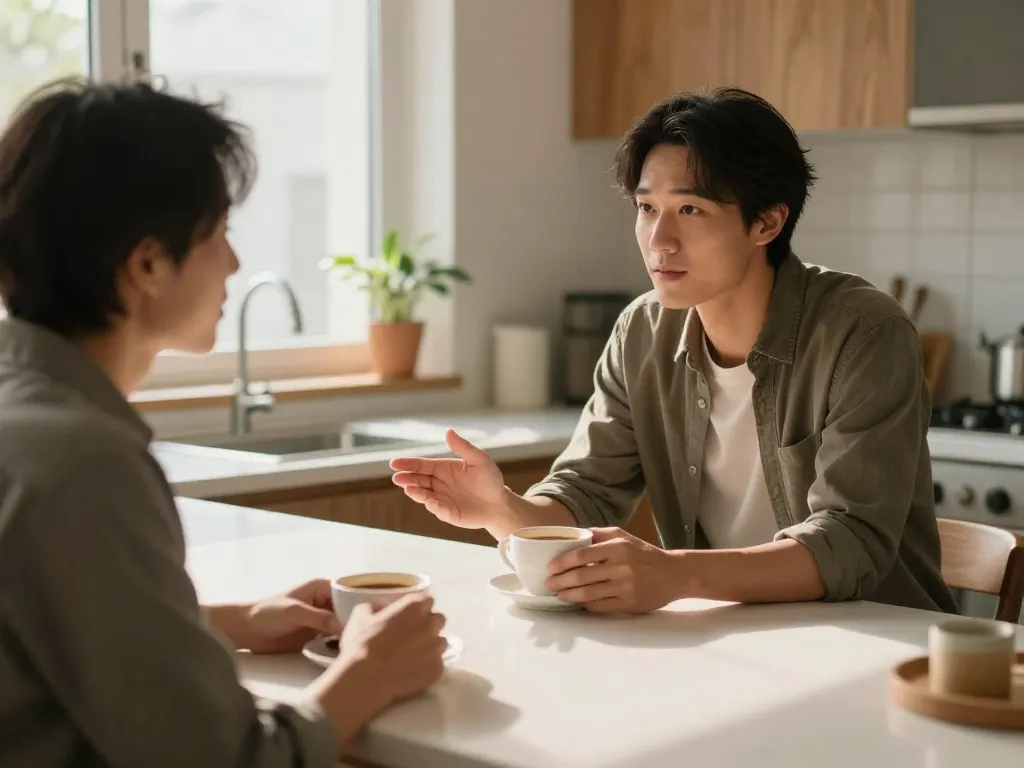 Two people having an honest, calm conversation over coffee at a sunlit kitchen counter
