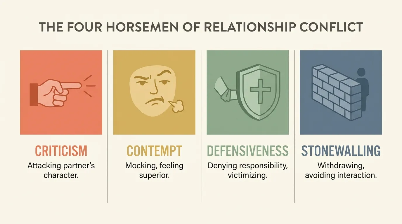 Infographic showing the Four Horsemen of relationship conflict: criticism, contempt, defensiveness, and stonewalling with icons and brief descriptions