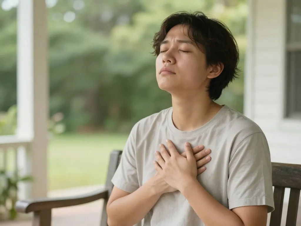 A person practicing self-soothing deep breathing alone outdoors during a structured break from conflict